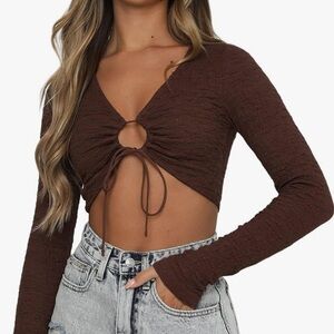 Elegant Brown Long Sleeve Crop Top